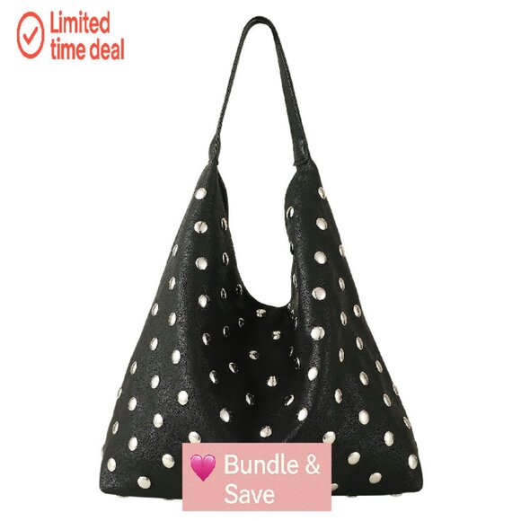 Large Vegan Leather Studded Hobo Tote Bag with Magnetic Closure - Picture 1 of 7
